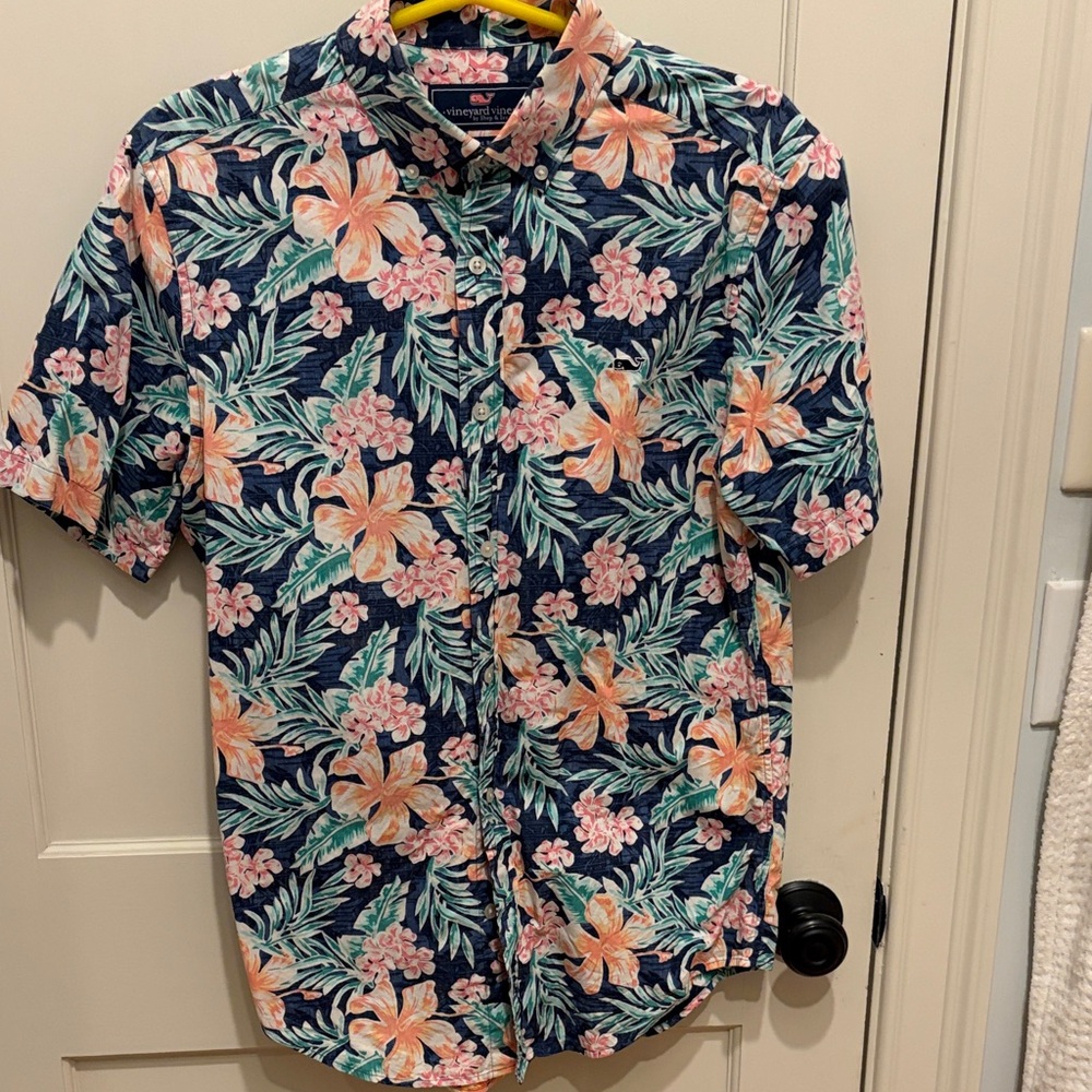 Vineyard Vines Navy and Peach Floral Shirt